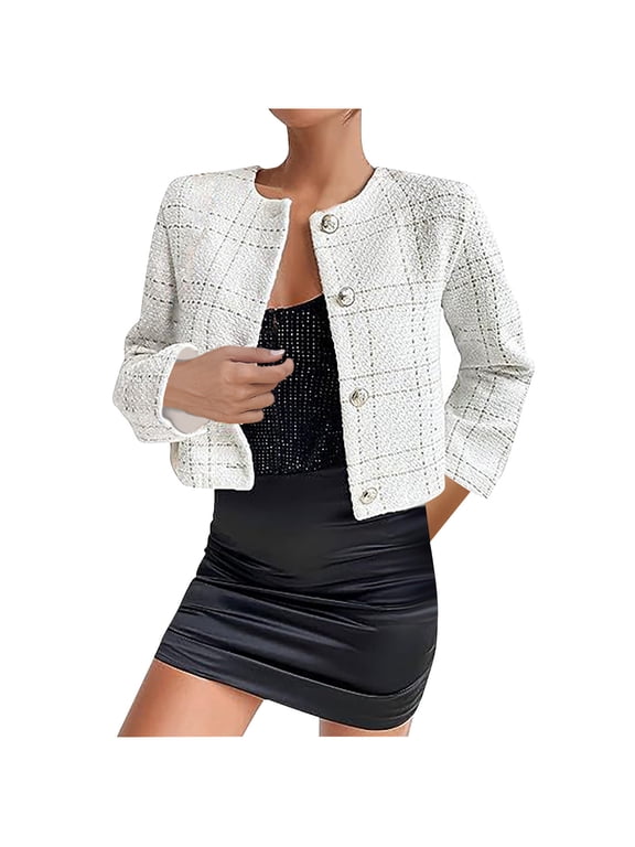 Women's Cropped Tweed Jackets, Dressy Long Sleeve Business Button Down Casual Open Front Short Blazer