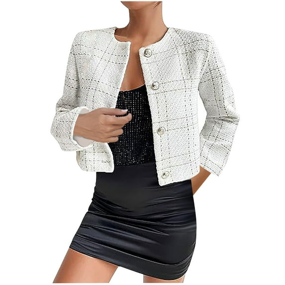 Oplxuo Women's Cropped Tweed Jackets, Dressy Long Sleeve Business Button Down Casual Open Front Short Blazer