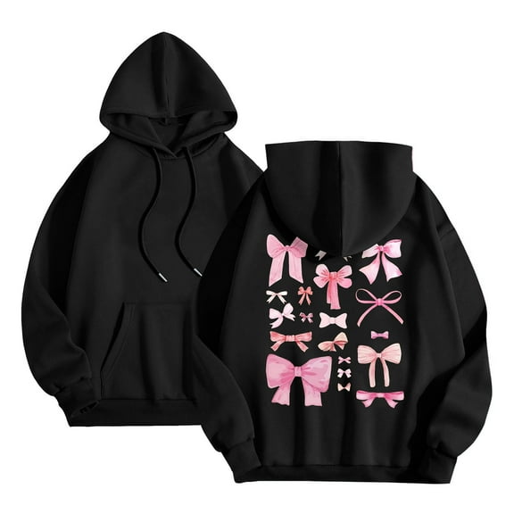 Oplxuo Women's Cute Bow Print Sweatshirts Hoodies Drawstring Loose Long Sleeve Pullover Graphic Tops with Pocket