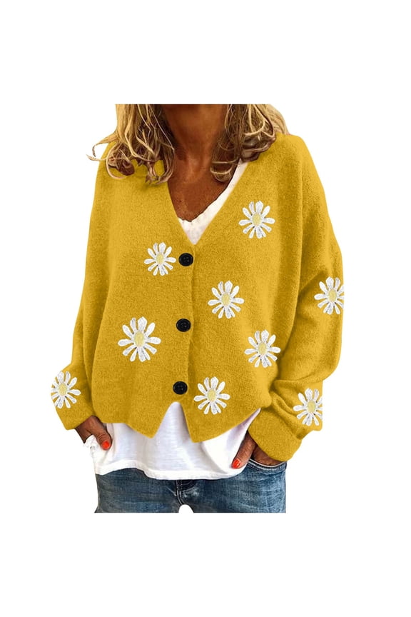 Women's Cute Daisy Cardigans Long Sleeve V Neck Button Down Casual Open Front Loose Oversized Sweater Jackets