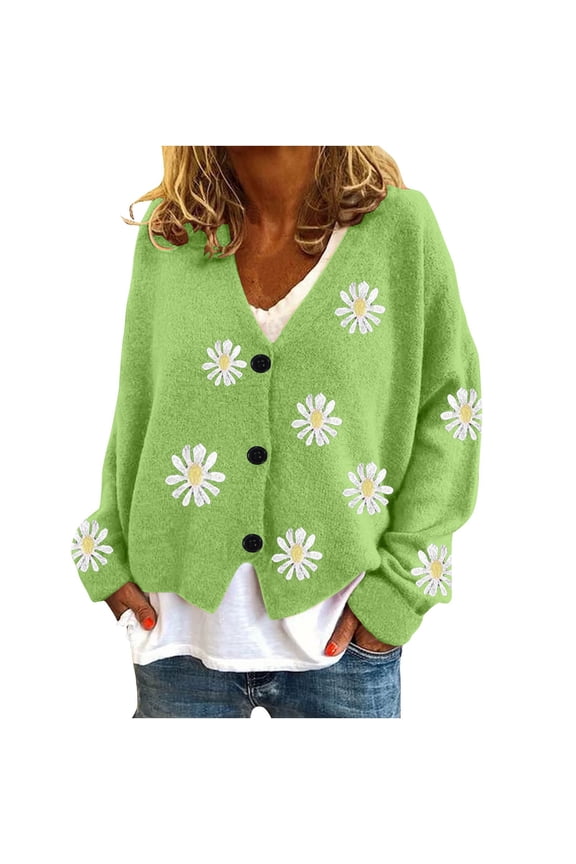 Women's Cute Daisy Cardigans Long Sleeve V Neck Button Down Casual Open Front Loose Oversized Sweater Jackets