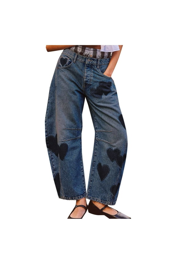 Women's Cute Heart Pattern Baggy Jeans, Stretch Mid Waist Loose Wide Leg Denim Pants with Pockets