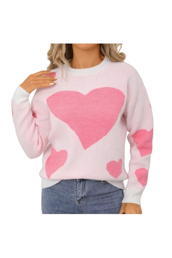 Women's Cute Heart Sweater Love Print Valentine Romantic Knitted Top Casual Crewneck Long Sleeve Sweaters Pullover