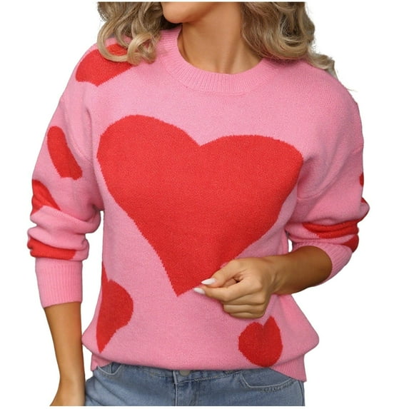 Oplxuo Women's Cute Heart Sweater Love Print Valentine Romantic Knitted Top Casual Crewneck Long Sleeve Sweaters Pullover