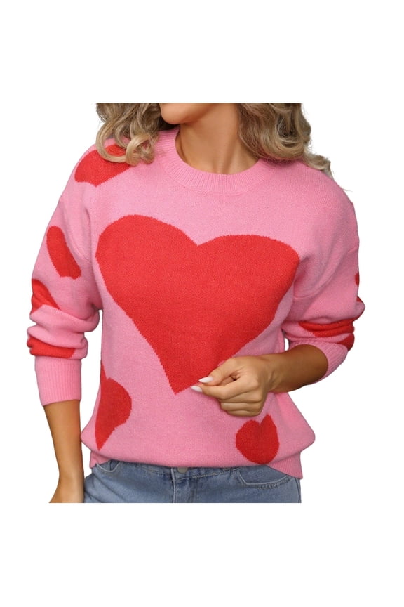 Women's Cute Heart Sweater Love Print Valentine Romantic Knitted Top Casual Crewneck Long Sleeve Sweaters Pullover