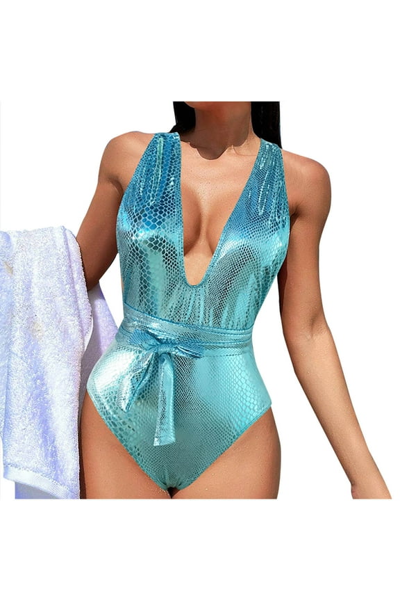 Women's Deep V Sequins One Piece Swimsuit Open Back Sexy Tummy Control Bathing Suit Slimming Push Up Padded Swimwear