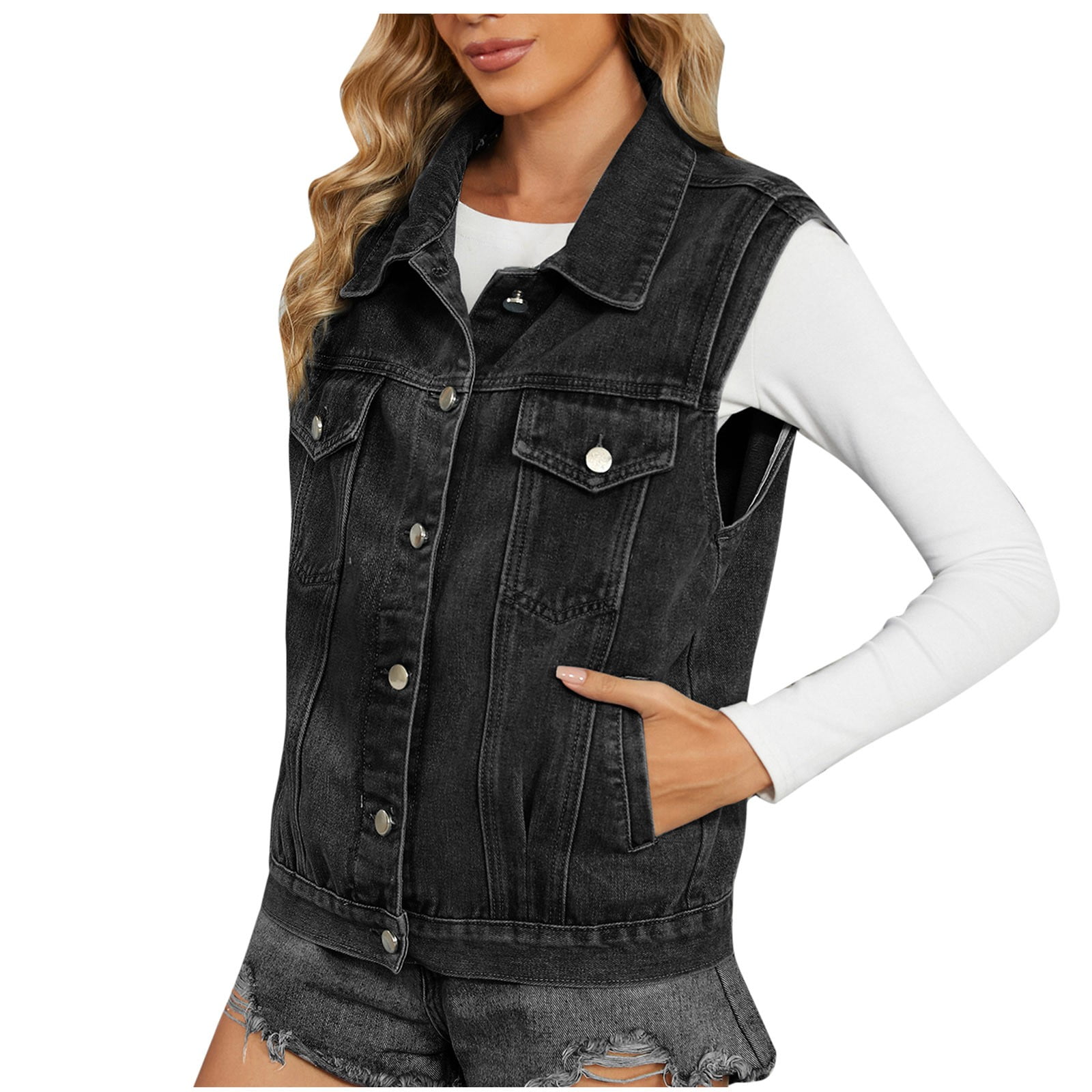 Pocketed Button Up Sleeveless Denim Jacket