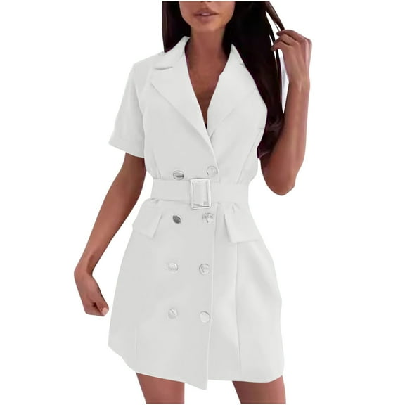Oplxuo Women's Double-Breasted Blazer Dress Elegant Short Sleeve Formal Office Business Suit Jackets Pencil Dress with Belt