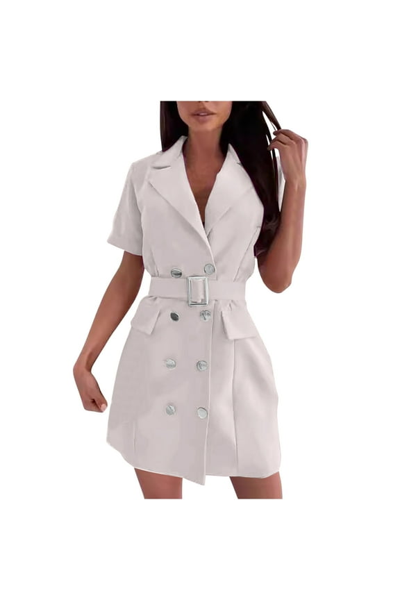 Women's Double-Breasted Blazer Dress Elegant Short Sleeve Formal Office Business Suit Jackets Pencil Dress with Belt