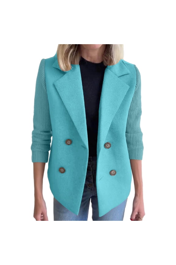 Women's Double Breasted Wool Pea Coat Notched Lapel Ribbed Knit Long Sleeve Sweater Short Blazer Jacket