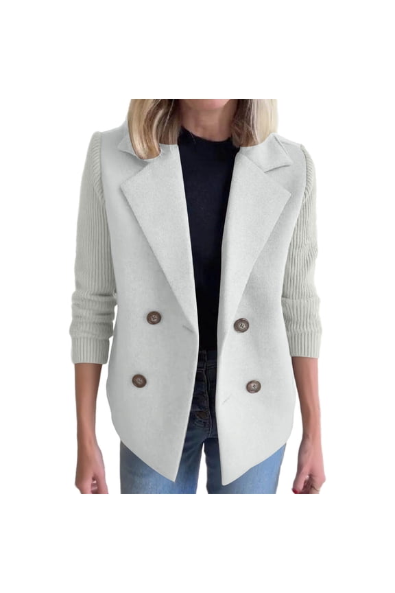 Women's Double Breasted Wool Pea Coat Notched Lapel Ribbed Knit Long Sleeve Sweater Short Blazer Jacket