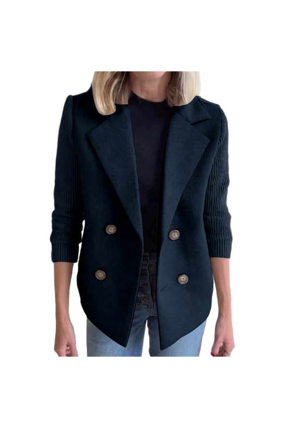 Women's Double Breasted Wool Pea Coat Notched Lapel Ribbed Knit Long Sleeve Sweater Short Blazer Jacket