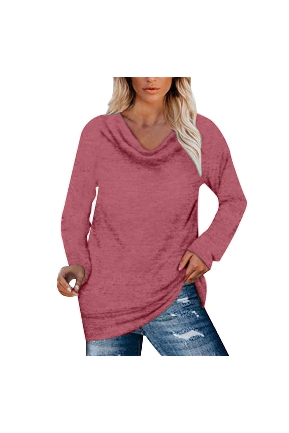 Women's Draped Cowl Neck Long Sleeve Tunic Blouse Casual Loose Solid Color Pullover Sweatshirt Tops