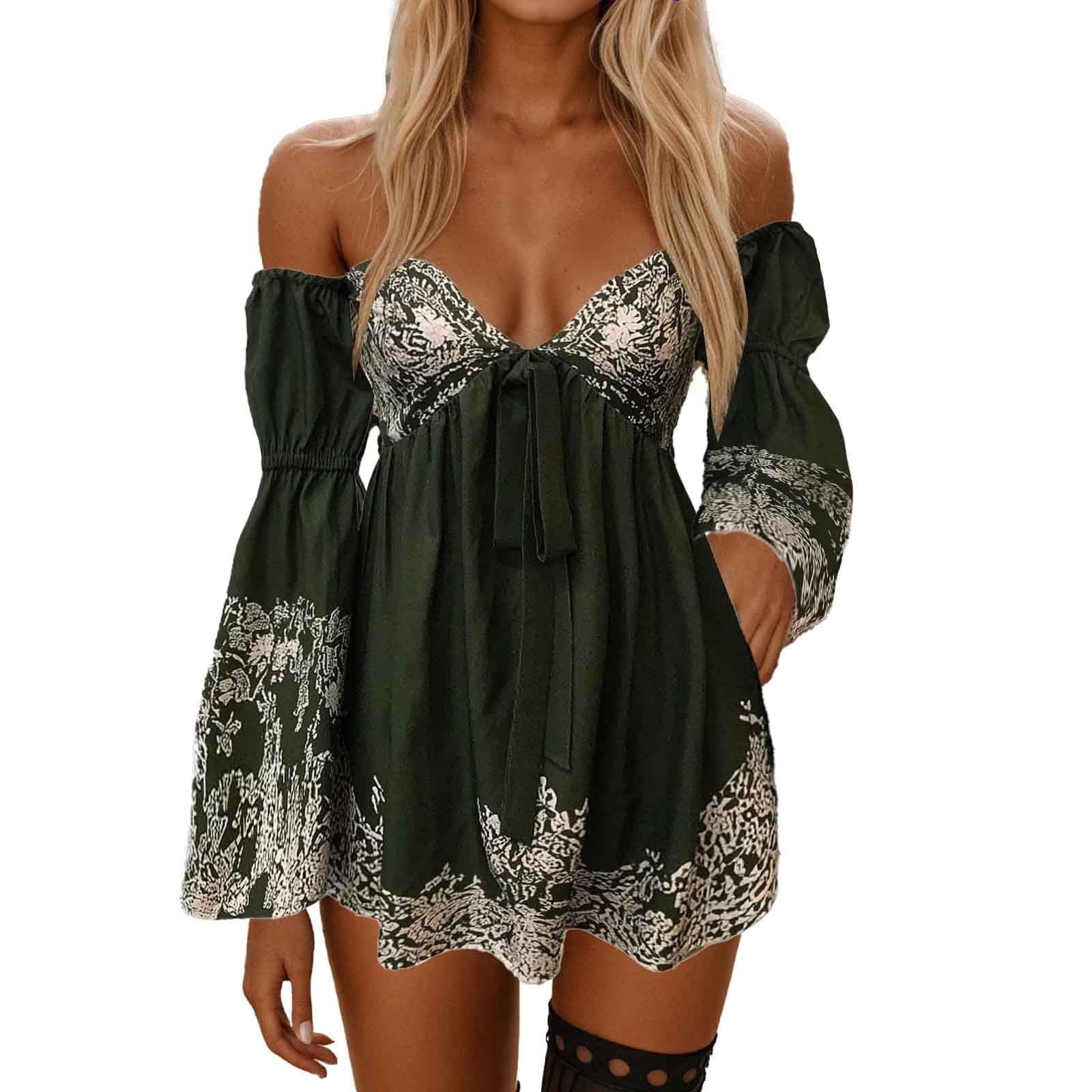 Oplxuo Women's Dress Summer Floral Long Sleeve Off Shoulder Casual Mini Dresses
