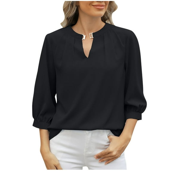 Oplxuo Women's Dressy 3/4 Sleeve Keyhole Tops Loose Pleated Crewneck Summer Tunic Shirts Business Casual Chiffon Blouse
