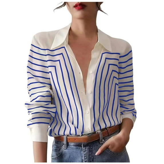 Oplxuo Women's Dressy Striped Button Down Shirts, Ladies Fall Loose Long Sleeve Business Casual Blouses Tops
