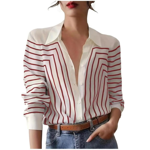 Oplxuo Women's Dressy Striped Button Down Shirts, Ladies Fall Loose Long Sleeve Business Casual Blouses Tops