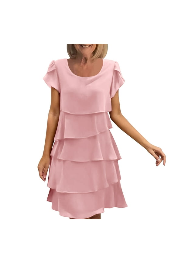 Women's Elegant Chiffon Dresses Ruffle Tiered Layered Crewneck Flutter Sleeve Cocktail Party Flowy Midi Dress