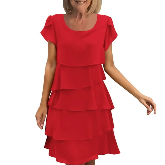 Oplxuo Women's Elegant Chiffon Dresses Ruffle Tiered Layered Crewneck Flutter Sleeve Cocktail Party Flowy Midi Dress