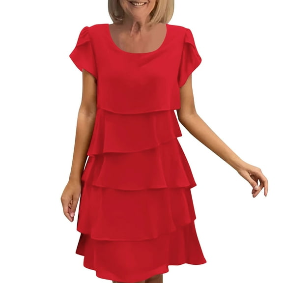 Oplxuo Women's Elegant Chiffon Dresses Ruffle Tiered Layered Crewneck Flutter Sleeve Cocktail Party Flowy Midi Dress