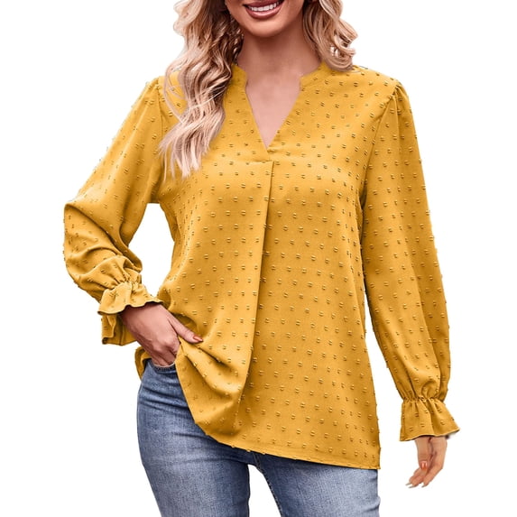 Oplxuo Women's Elegant Jacquard Blouse 2025 Fall Swiss Dots Loose Plain V Neck Long Sleeve Work Tops for Office Lady