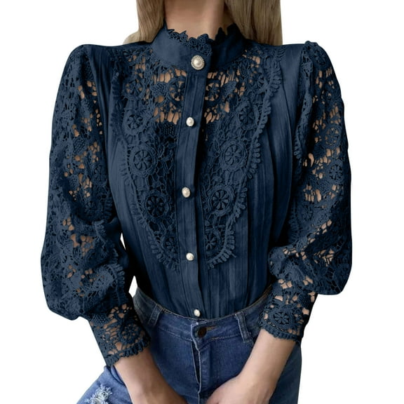 Oplxuo Women’s Elegant Lace Trim Shirts Casual Victorian Blouse Long Sleeve Button Down Tops