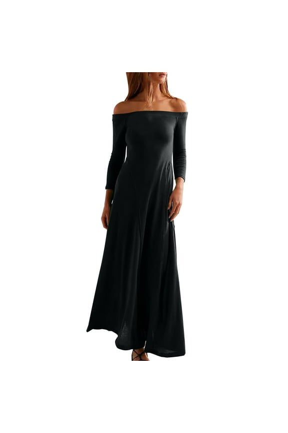 Women's Elegant Off Shoulder Maxi Dress 2024 Fall Long Sleeve A-Line Party Formal Wedding Guest Dresses