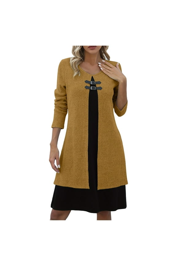Women's Fake-Twi-Pieces Sweater Dress, Crewneck Loose Long Sleeve Fall Winter Knit Knee Lenght Dresses