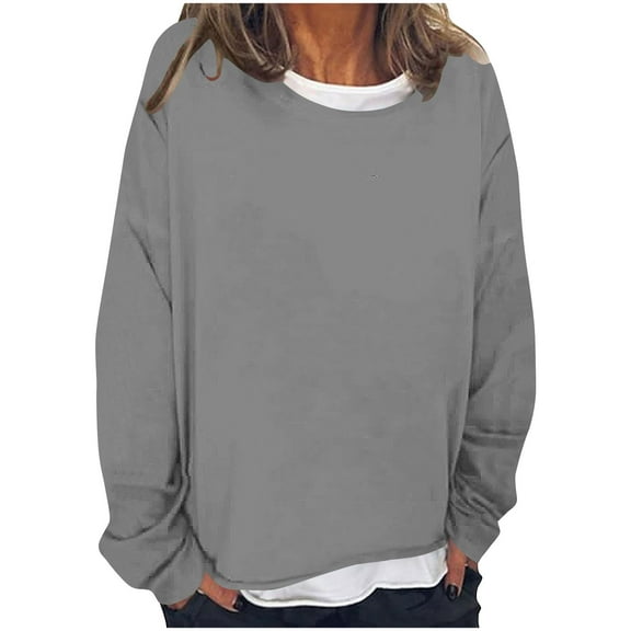 Oplxuo Women's Fake-Two-Pieces Drop Shoulder Sweatshirt Tops, Loose Crewneck Long Sleeve Pullover Casual Tunic T Shirts