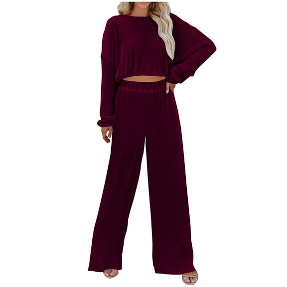 Oplxuo Women's Fall Corduroy 2 Piece Sets Crop Pullover Sweatshirt with Wide Leg Sweatpants Matching Sweatsuit Outfits