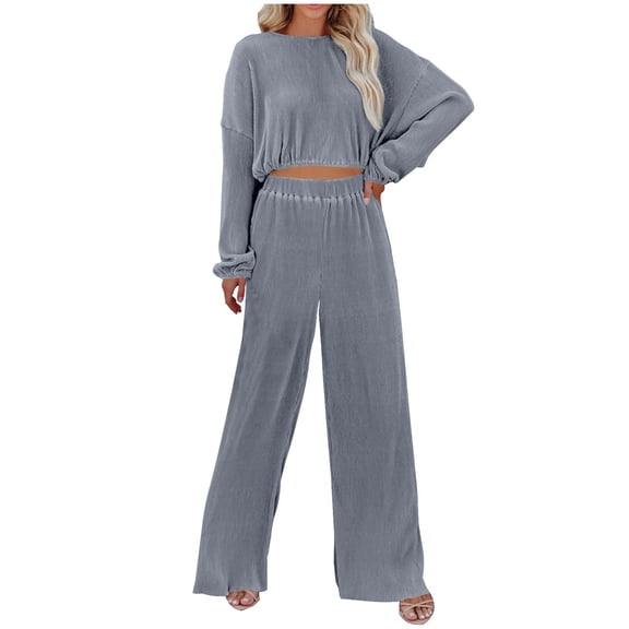 Oplxuo Women's Fall Corduroy 2 Piece Sets Crop Pullover Sweatshirt with Wide Leg Sweatpants Matching Sweatsuit Outfits