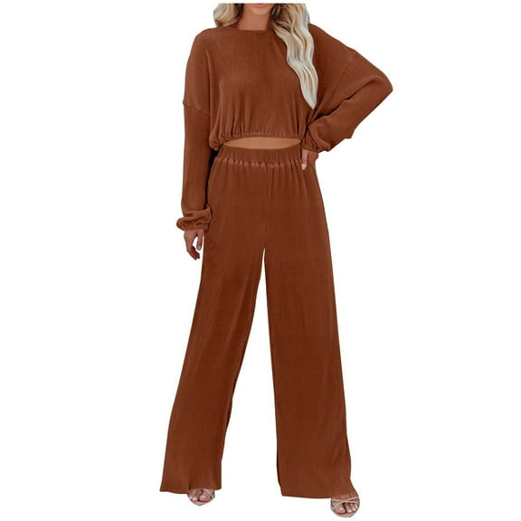 Oplxuo Women's Fall Corduroy 2 Piece Sets Crop Pullover Sweatshirt with Wide Leg Sweatpants Matching Sweatsuit Outfits
