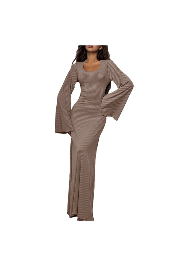 Women's Fall Ribbed Bodycon Lounge Maxi Dress Elegant U Neck Bell Long Sleeve Wedding Guest Formal Dresses