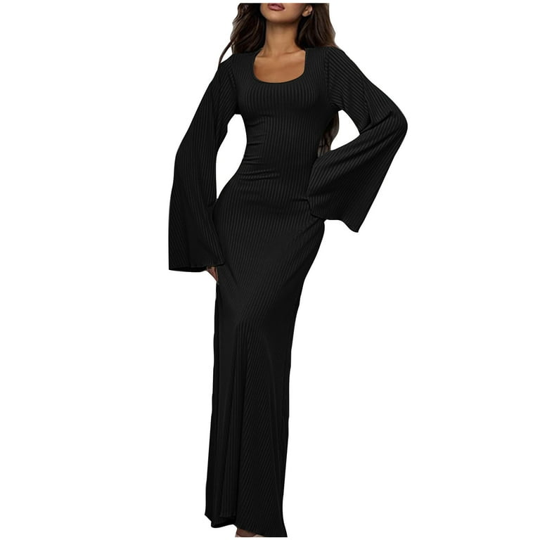 Oplxuo Women s Fall Ribbed Bodycon Lounge Maxi Dress Elegant U Neck Bell Long Sleeve Wedding Guest Formal Dresses Walmart