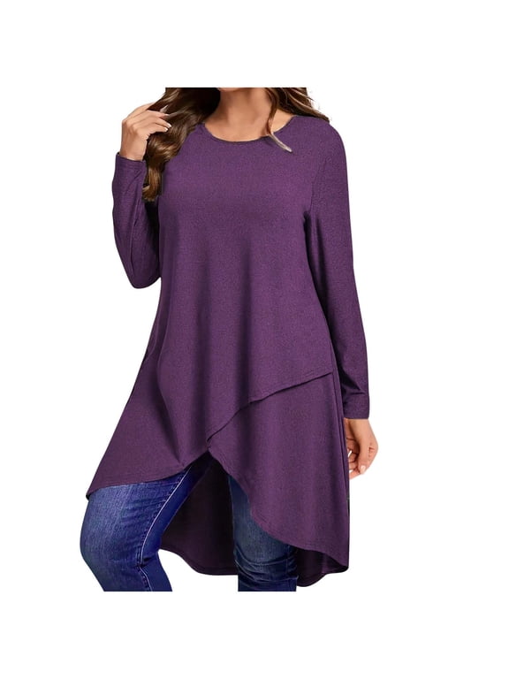 Women's Fashion Asymmetrical Hem Maxi Shirts, Long Sleeve Crewneck Solid Color Basic Tunic Tops Y2K Loose Tees