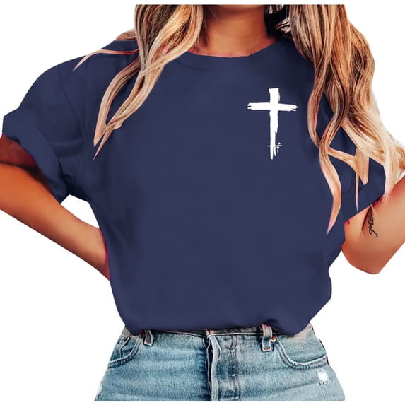 Oplxuo Women's Fashion T-Shirts Casual Crewneck Short Sleeve Loose Fit Tees Crucifix Graphic Shirts Summer Tunic Tops