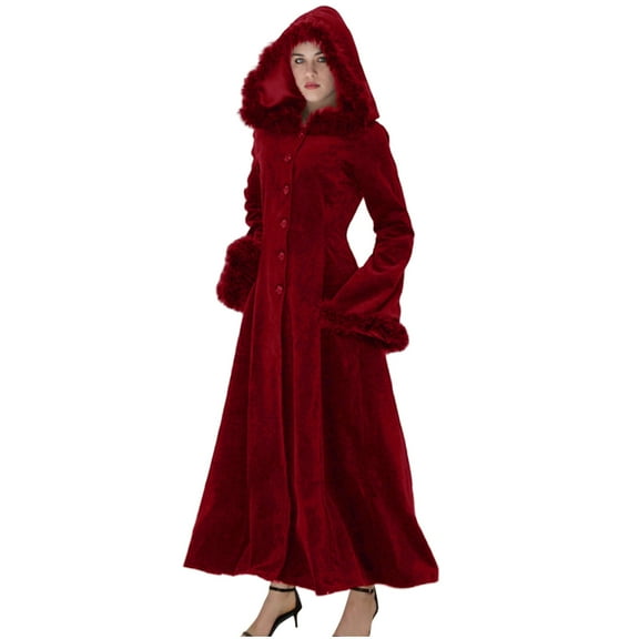 Oplxuo Women's Faux Fur Trim Hooded Maxi Coat Elegant Single-Breasted Longline Coat Swing Long Winter Overcoat Outwear