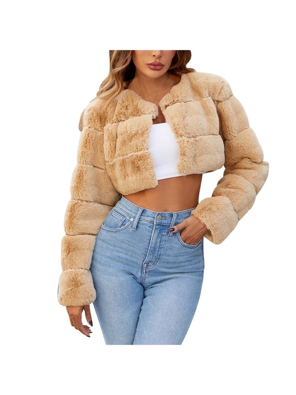 Women's Faux Fur Winter Coats Chic Cropped Jackets Fluffy Soft Long Sleeve Open Front Shaggy Warm Outerwear