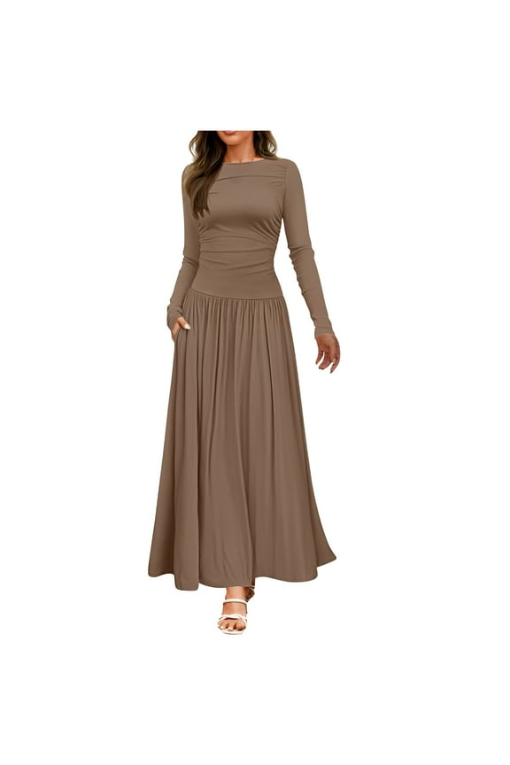 Women's Fitted Long Sleeve Maxi Dress, 2024 Fall Crewneck Pleated Swing A-Line Lounge Slip Dresses wth Pockets