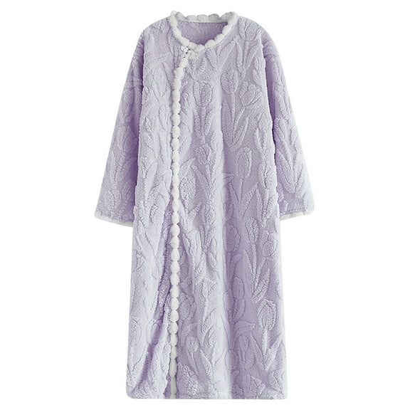 Oplxuo Women's Flannel Jacquard Nightgown, Thick Warm Fuzzy Fleece Cozy Plush Loungewear Winter Pajamas Dress