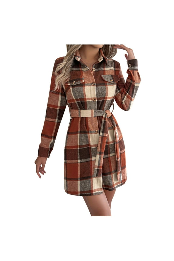 Women’s Flannel Plaid Dress Long Sleeve Button Down Lapel Shirt Dress with Belt Boyfriend Style Midi Dress with Pockets