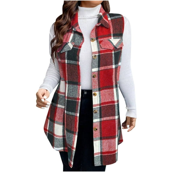 Oplxuo Women's Flannel Plaid Outerwear Vest Plus Size Casual Lapel Button Down Tartan Trench Coat Sleeveless Shirt Jackets