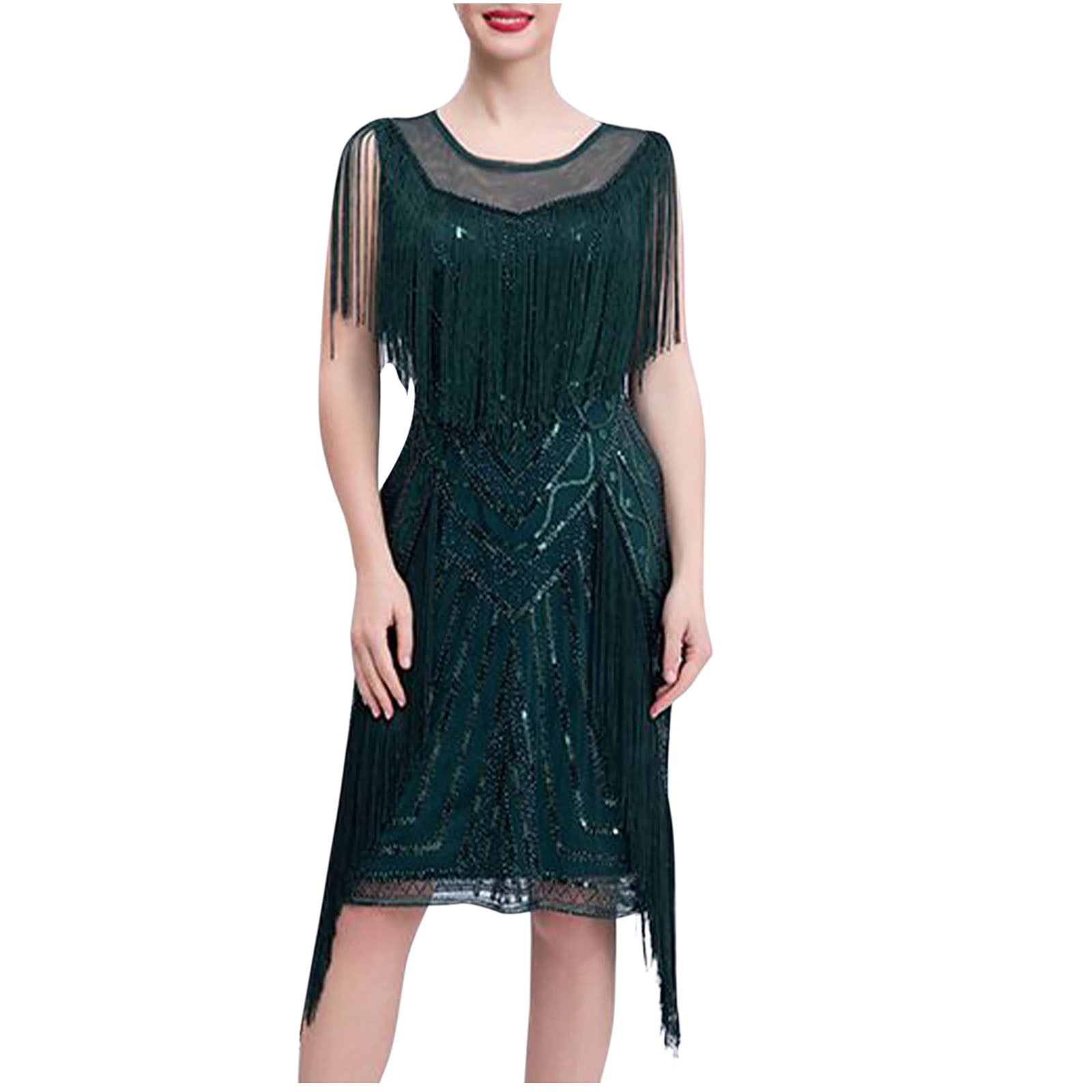 Oplxuo Women's Flapper Dresses 1920s Sequin Fringed Great Gatsby Party Dress Roaring 20s Cocktail Tassel Hem Club Party Dress, Size: Medium, Green