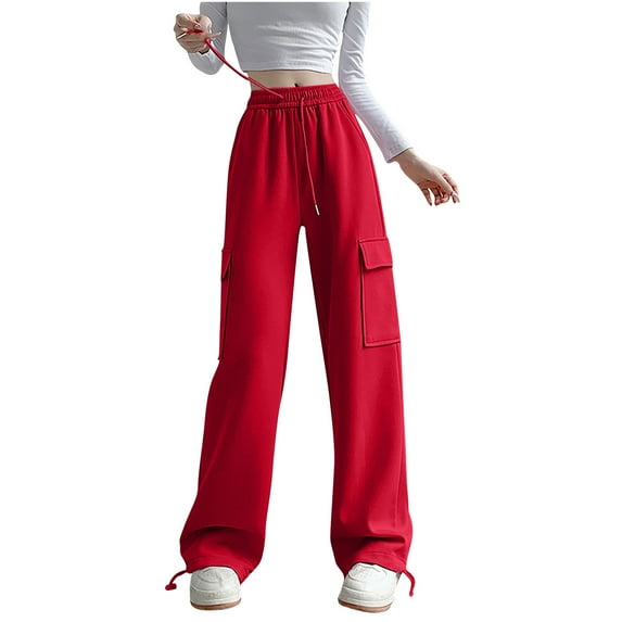 Oplxuo Women's Fleece Wide Leg Cargo Pants Drawstring High Waisted Wide Leg Winter Warm Sweatpants with Pockets