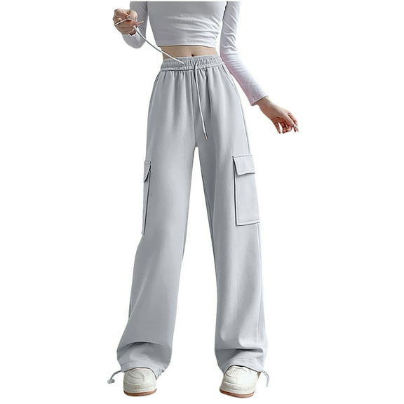 Oplxuo Women's Fleece Wide Leg Cargo Pants Drawstring High Waisted Wide Leg Winter Warm Sweatpants with Pockets