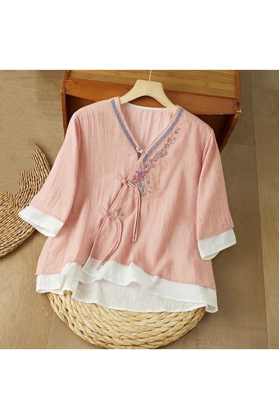 Oplxuo Women's Floral Embroidery Shirt 3/4 Sleeve V Neck Chinese Frog Button Qipao Blouse Retro Traditional Cheongsam Tops 2026 Spring Summer Limited-time offer