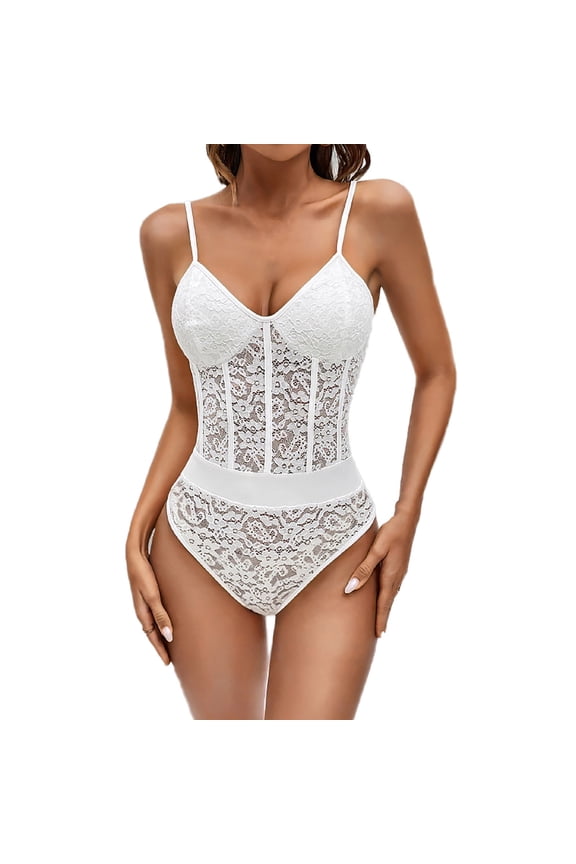 Women's Floral Lace Sheer Mesh Bodysuit Sexy V Neck Spaghetti Strap Cami Tank Tops Sleeveless Going Out Leotards