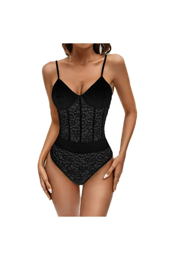 Women's Floral Lace Sheer Mesh Bodysuit Sexy V Neck Spaghetti Strap Cami Tank Tops Sleeveless Going Out Leotards