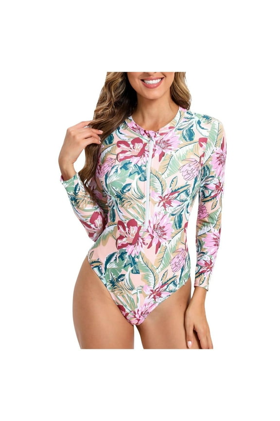 Women's Floral Print Long Sleeve Rash Guard Swimsuit UPF 50+ One Piece Athletic Swimwear Zip Front Surfing Bathing Suit