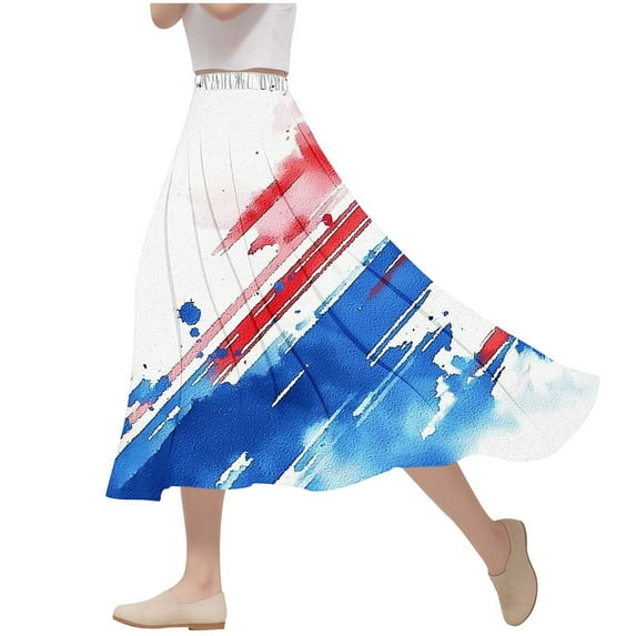 Oplxuo Women's Flowy Elastic High Waist Skirts USA Flag Graphic Boho Casual Beach Holiday Floral Print A Line Midi Skirt